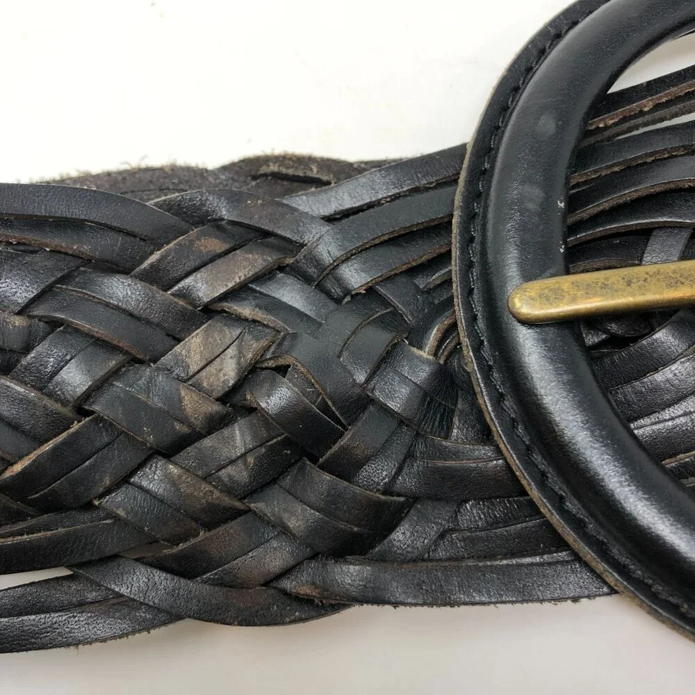 Hobo International Black Woven Leather Belt Brass Buckle Size Small Statement